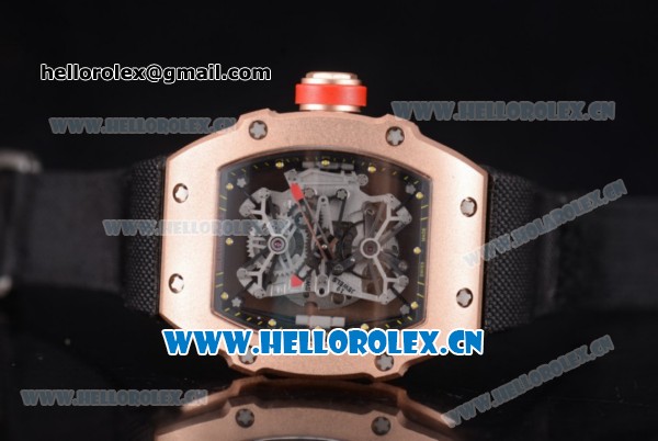Richard Mille RM 27-01 Tourbillon Rafael Nadal Miyota 9015 Automatic Rose Gold Case with Skeleton Dial Dot Markers and Black Nylon Strap - Click Image to Close